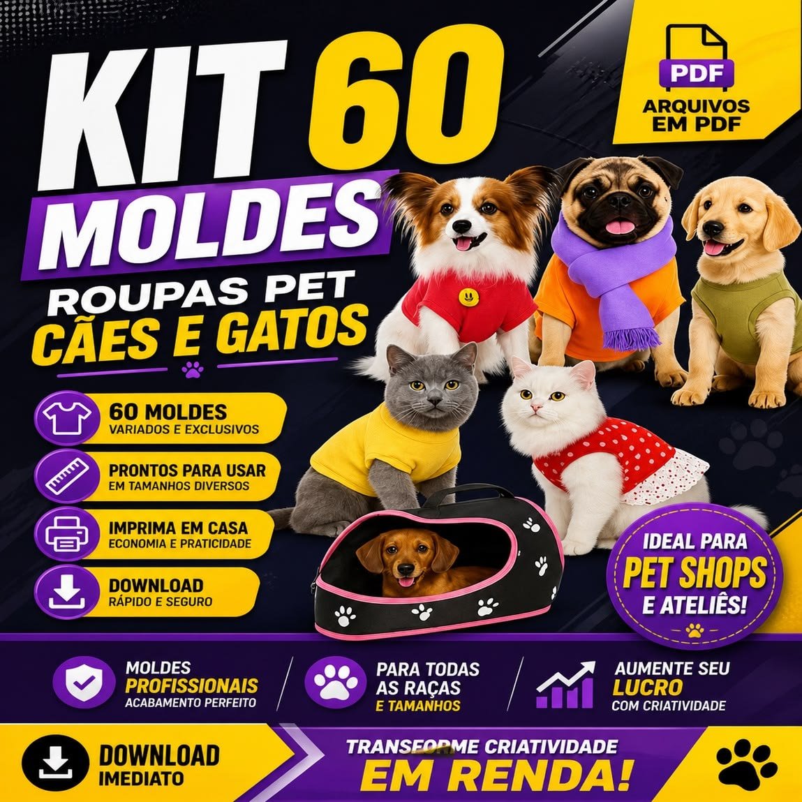 Kit 60 Moldes de Roupas Premium PET para Cães e Gatos (PDF)