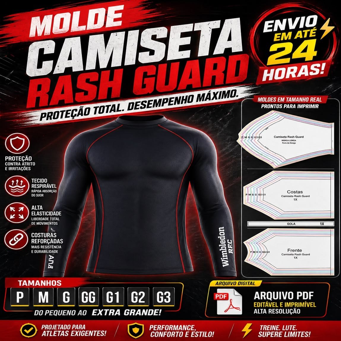 Molde Camiseta Rash Guard Manga Longa (P ao G3)