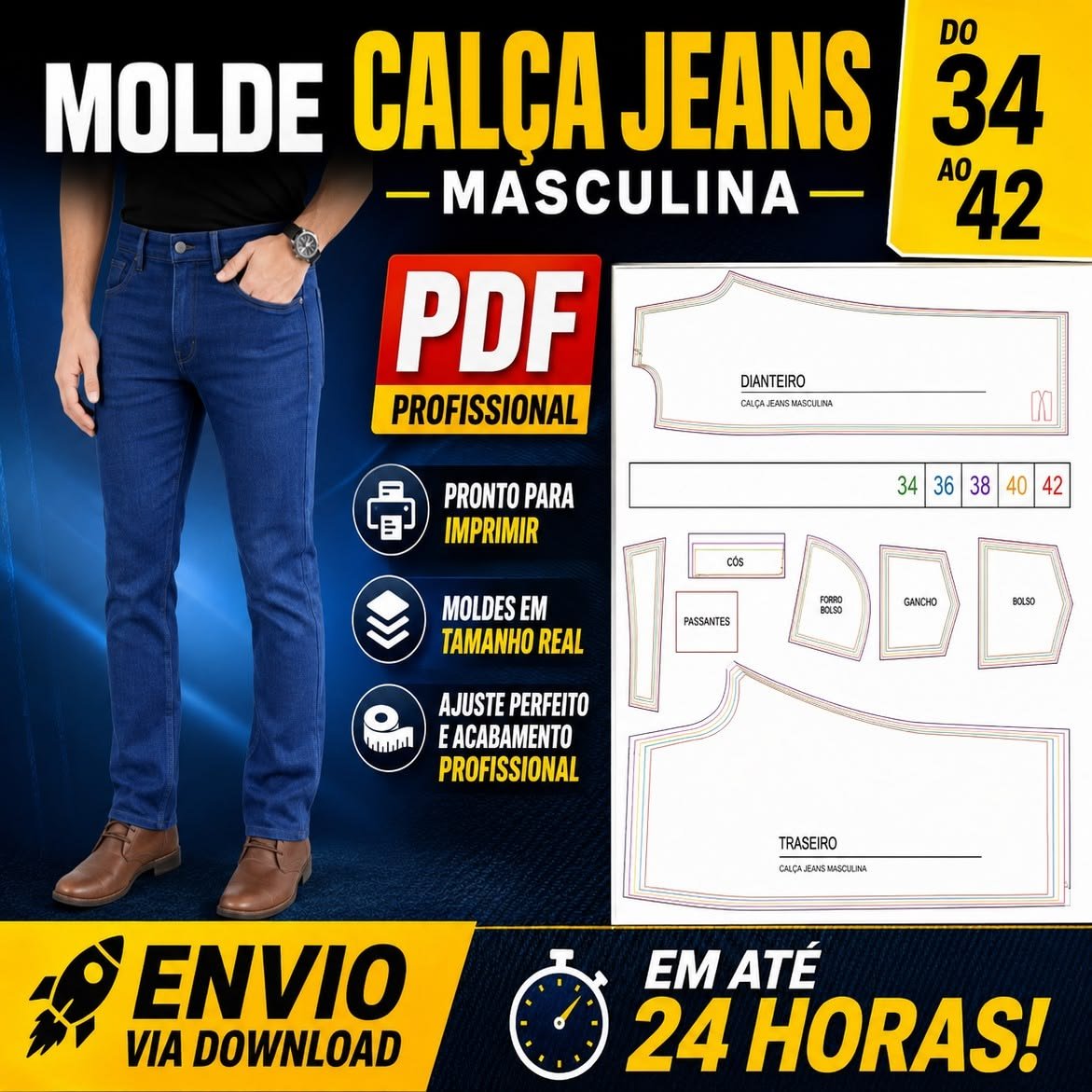 Molde de Calça Jeans Masculina (34-42)