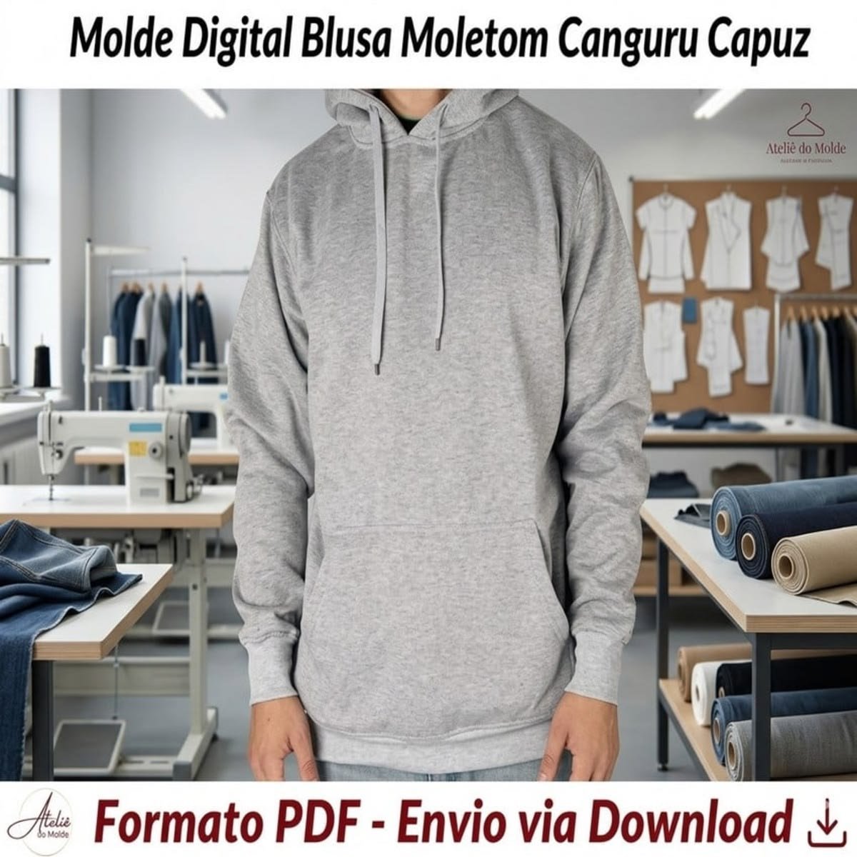 Molde Digital Blusa Moletom Canguru com Capuz  (PP ao GG)