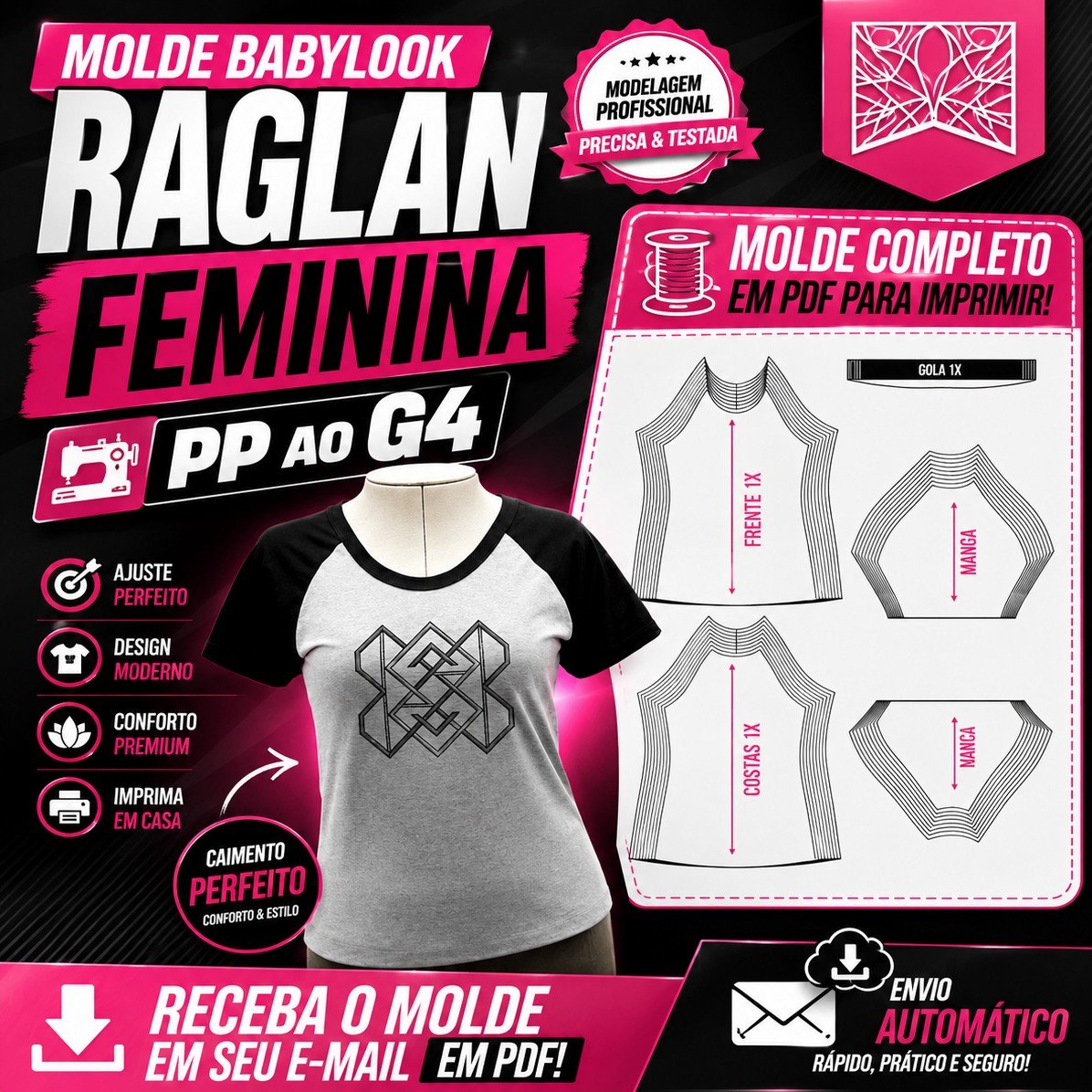 Molde Modelagem Babylook Raglan Feminina Gola U