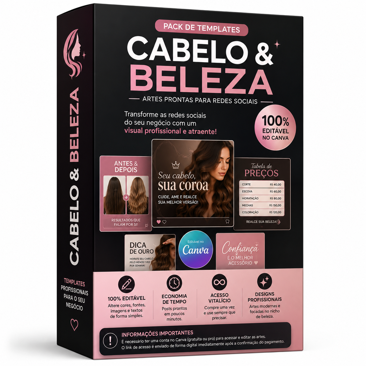 Pack Canva Templates Editáveis - Nicho Beleza, Cabelo e Salão de Beleza