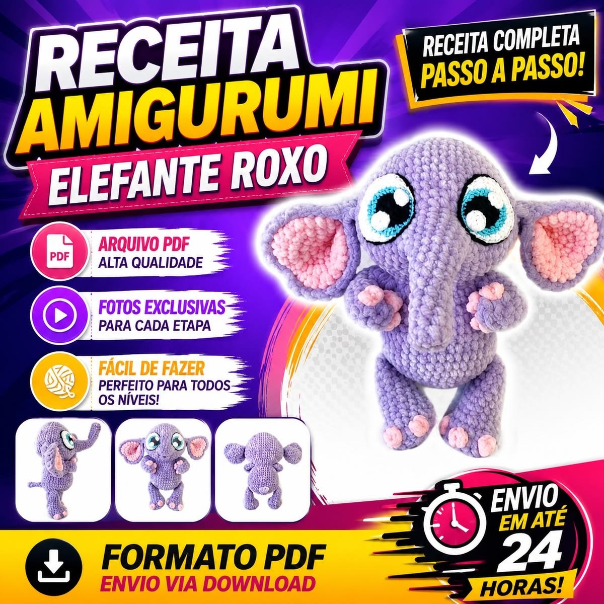 Receita Amigurumi de Elefante Roxo